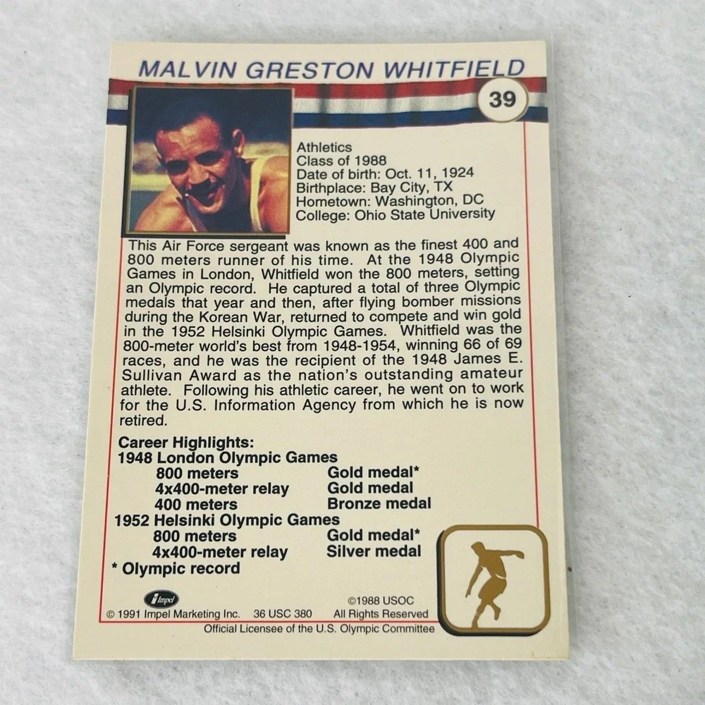 1991 Impel US Olympic Hall of Fame Mal Whitfield Athletics Trading Card #39